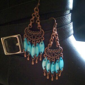 SouthWestern ~ Coastal Cowgirl! Chandelier Dangle Earrings! Copper & Aqua Shell